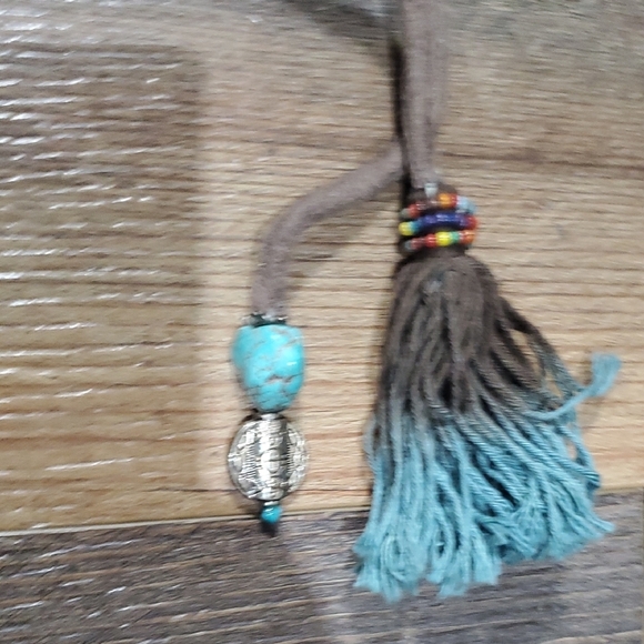 Thaikila Arawak Turquoise Brown Bikini Tassled Lace Overlay - Picture 6 of 8